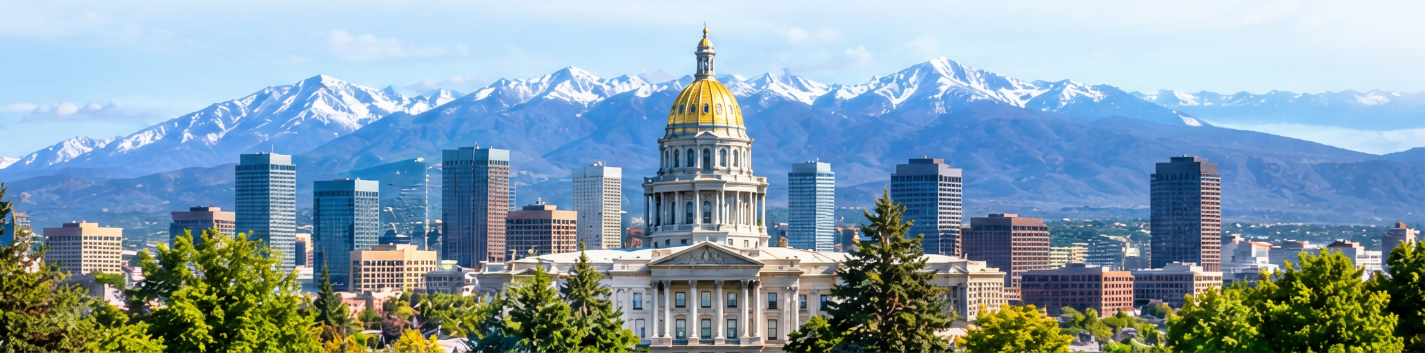 Colorado State Capitol gold dome with the Denver skyline and the snow-capped Rocky Mountains