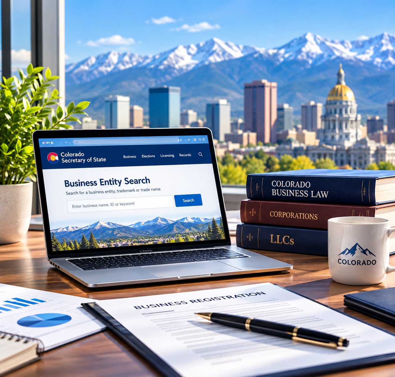 Laptop showing the Colorado Secretary of State business entity search on a desk with Colorado business law books and a business registration folder