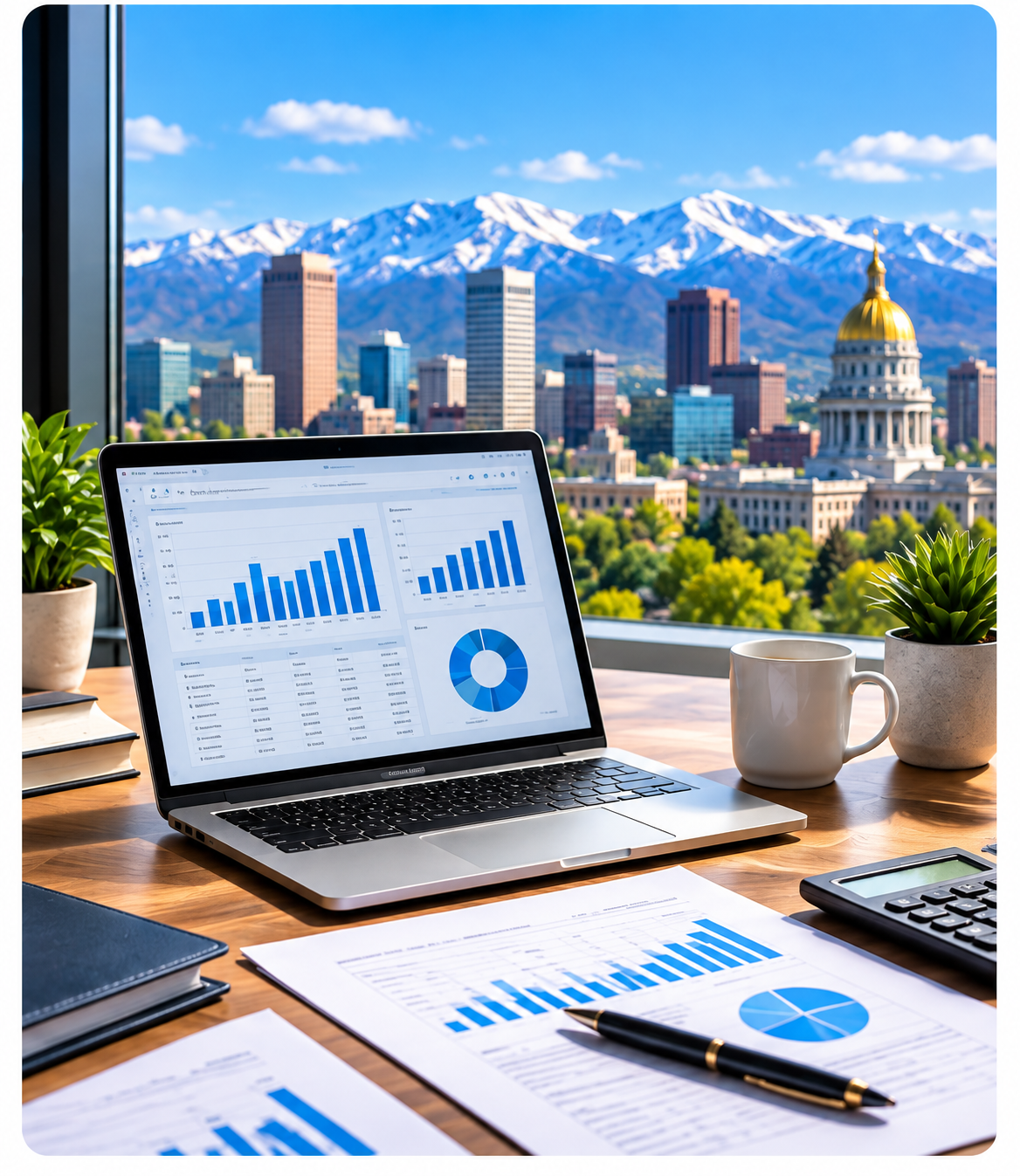 Office desk with a laptop showing business analytics, printed financial reports, and a view of the Denver skyline and Rocky Mountains