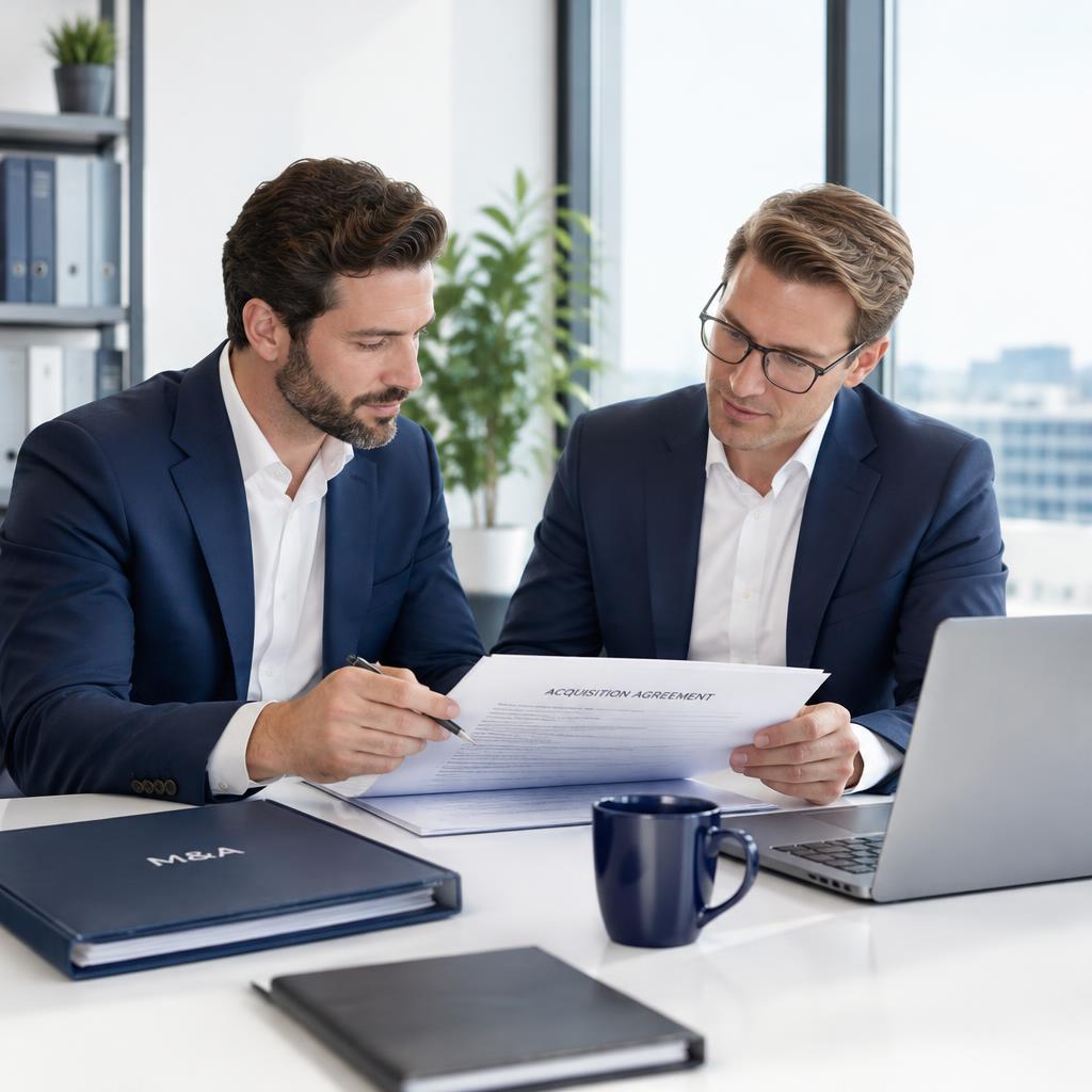 Entrepreneurs reviewing an LLC acquisition agreement