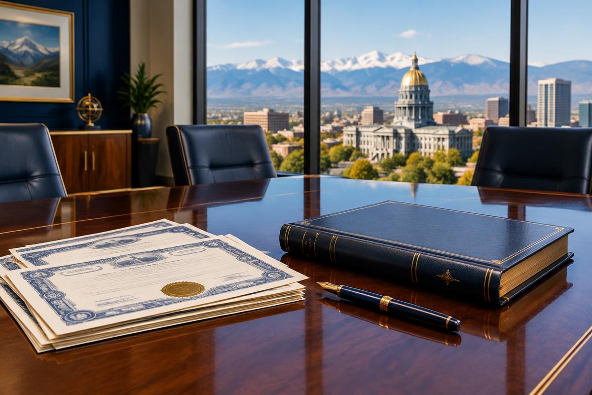 Corporate record book, share certificates and fountain pen in a Denver boardroom overlooking the Colorado State Capitol