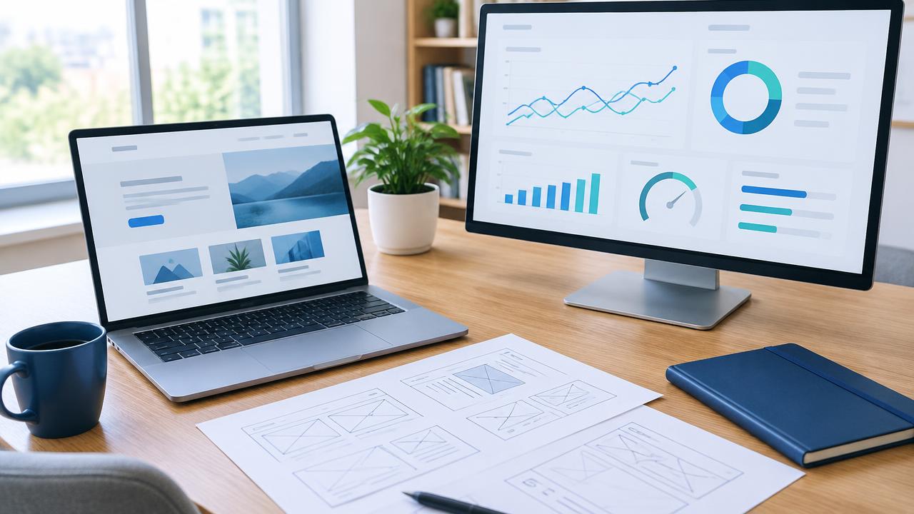Illustrative digital strategy workspace with website layouts and performance charts