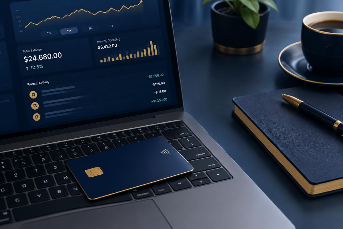 Corporate business card on a laptop showing a company bank balance