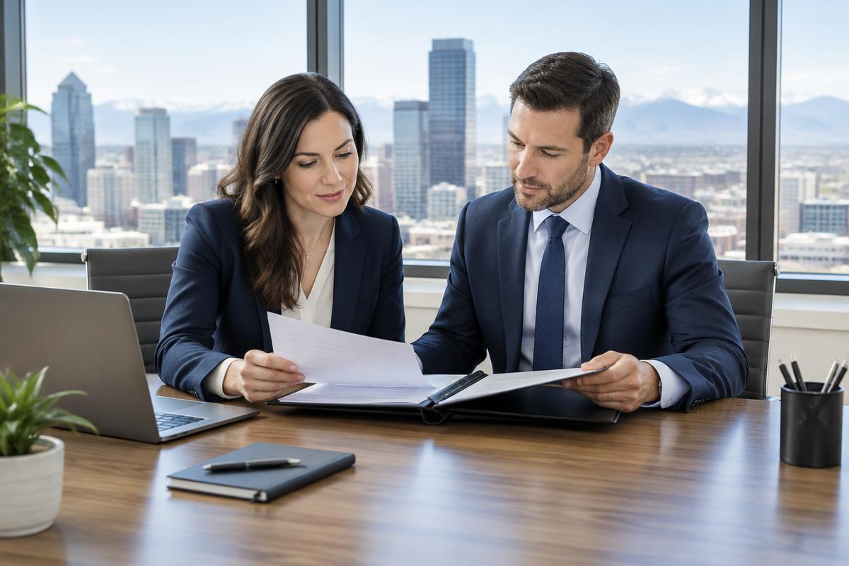 Two business professionals reviewing incorporation documents in a Denver office
