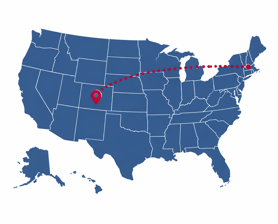 Map of the United States with a route from Colorado to another state